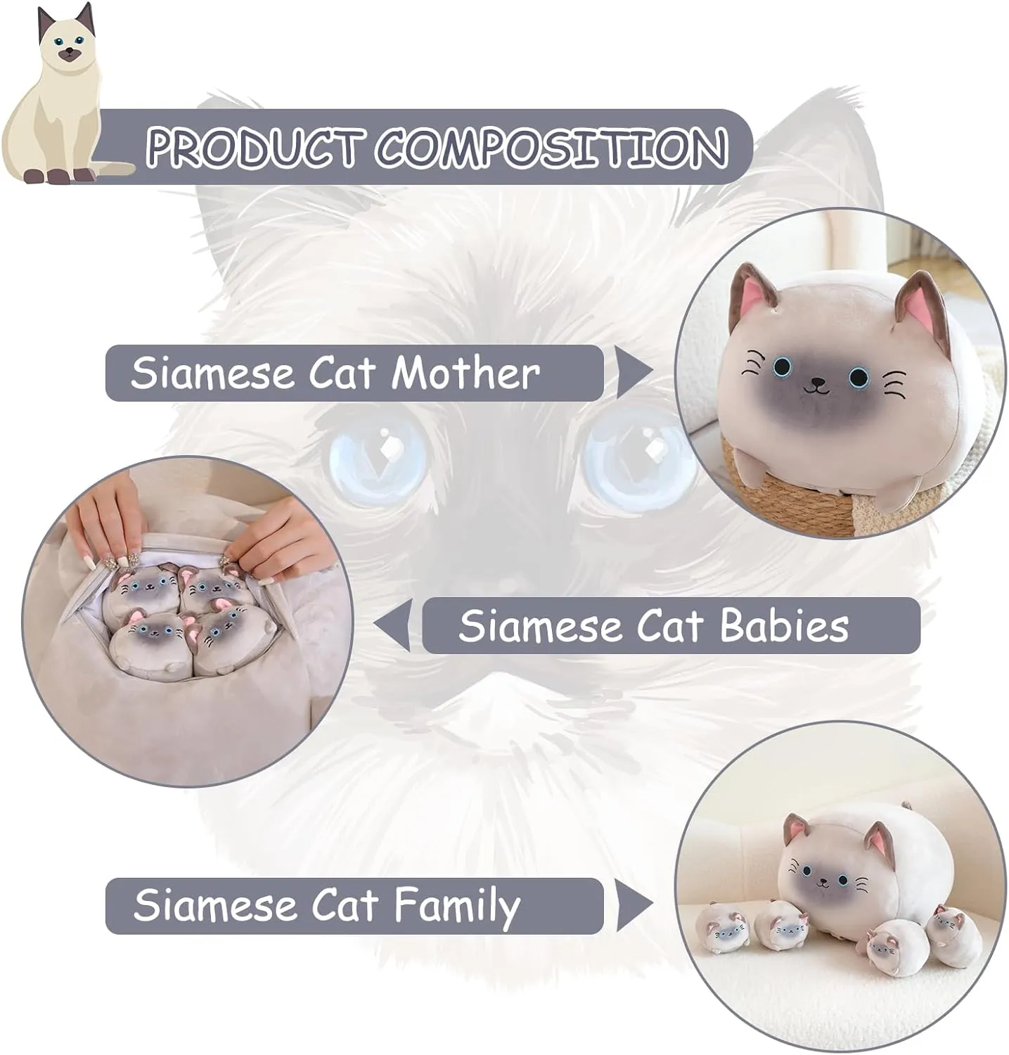 Cartoon Body Pillow Gifts for Girls Boys Siamese Cat Plush with 4 Baby Siamese indignant astonish premature Cat Stuffed Animals in Her Tummy, Cuddly 