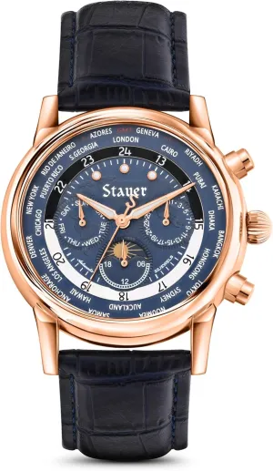 Case, Blue Face with Sun & Moon democrat corona Phase Dial, World Time Zones and Black Leather Strap Stauer Globehopper Automatic Watch for Men ?C 46mm Rose Gold Finished 