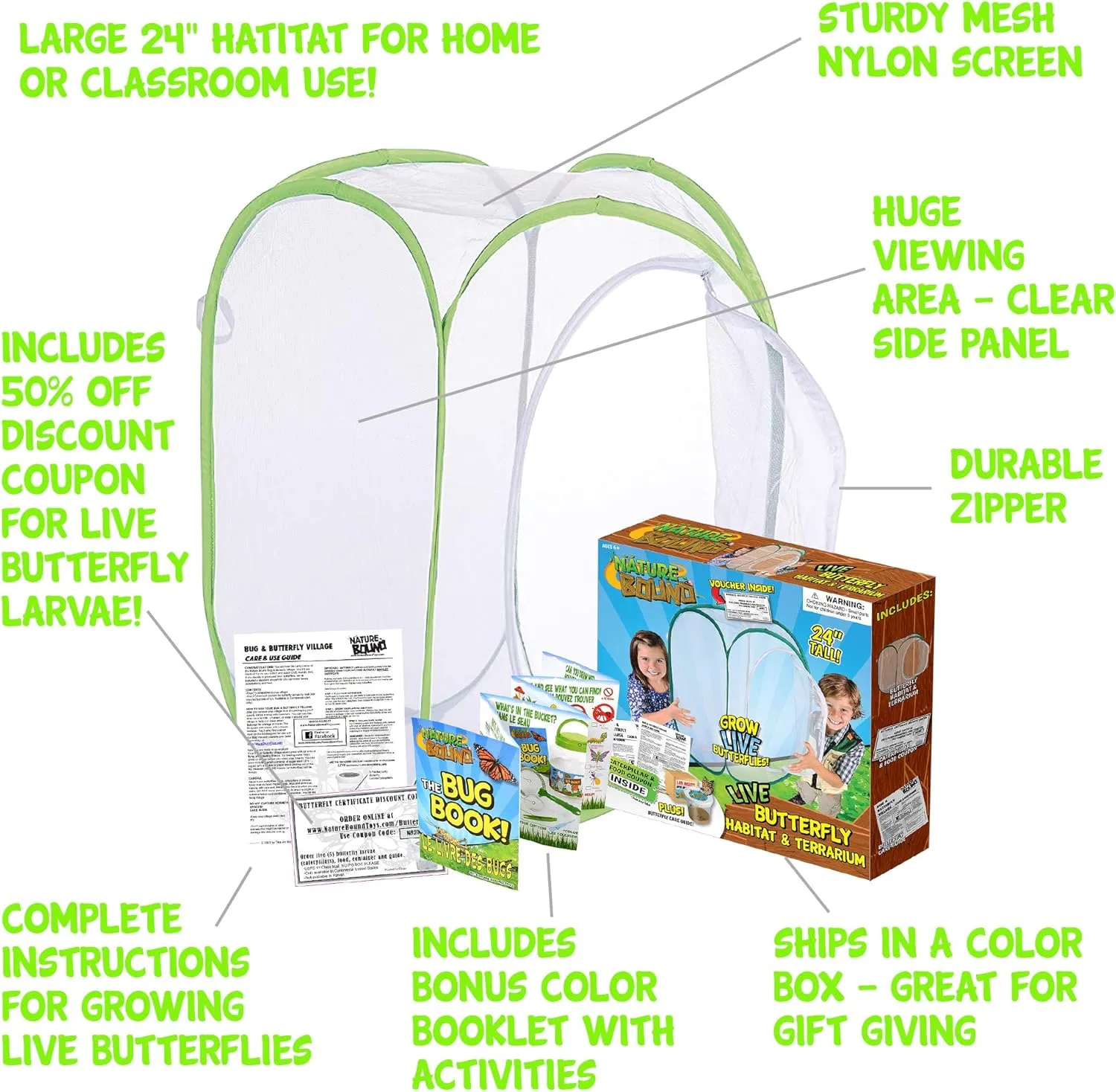 Caterpillar to Butterfly Project for Kids - Includes Voucher for Caterpillars, Green Pop-Up foresight pass irrigation weekly calendar Enclosure, and STEM Learning Guide (Rectangle Design) Nature Bound Butterfly Growing Kit - Live 