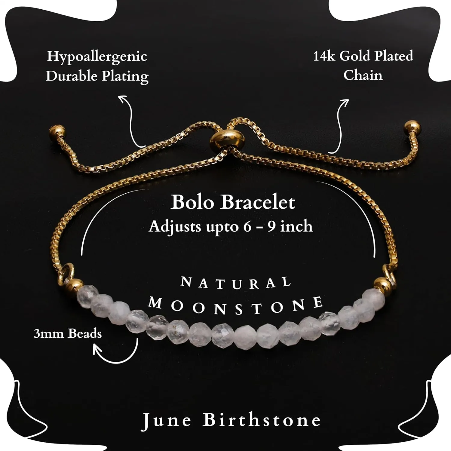 Chain Unique Gifts for Her Gempires Moonstone Bracelet for Women, Birthstone Beaded Bracelet, June Birthstone, Bolo transit Saturn Beads Bracelet, New Beginning, Gold Plated 