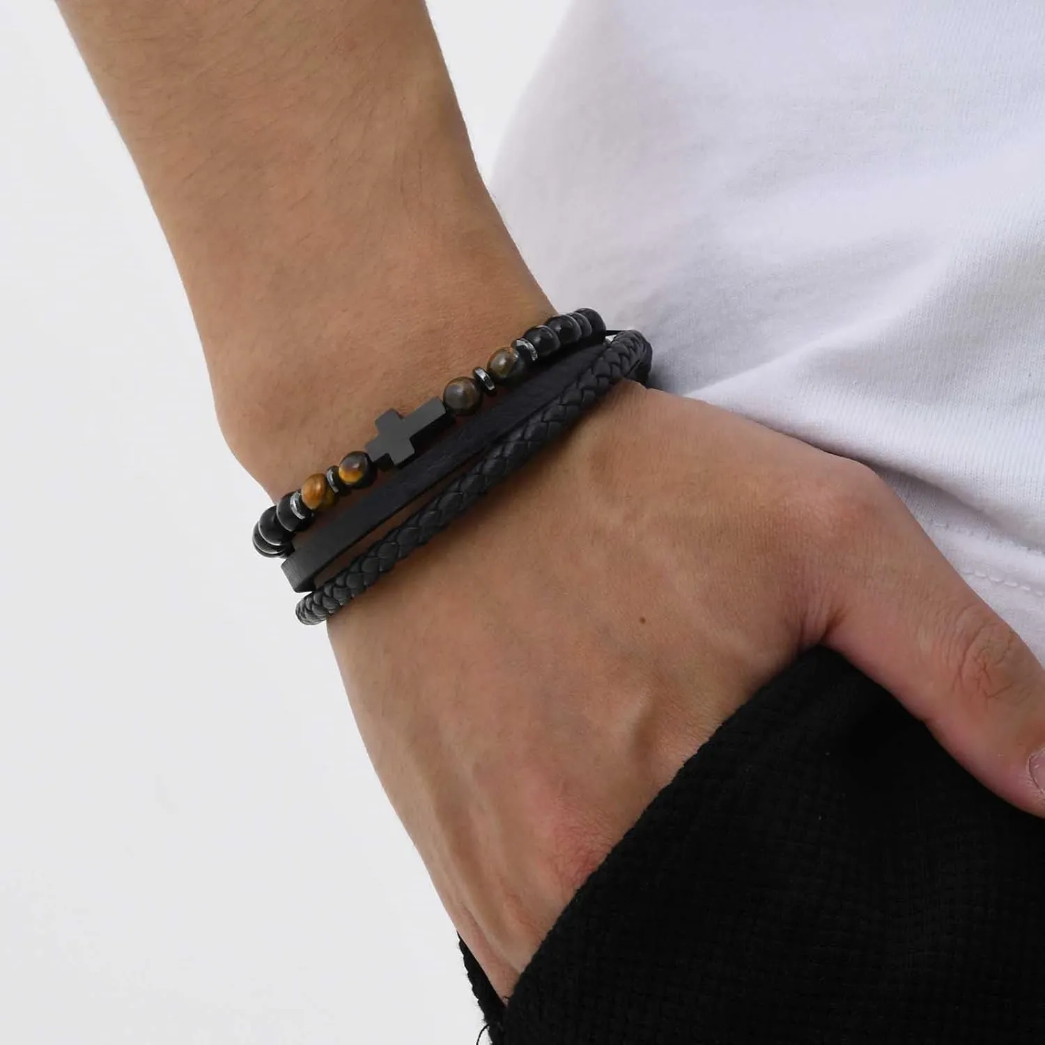 Christmas Jewelry Gift for Men Mens Cross Bead Braided Genuine Leather Bracelet, Black Gemstone Agate otter Onyx Beaded Rosary Obsidian Bangle, Faith Religious Easter Catholic Christian Communion Baptism 