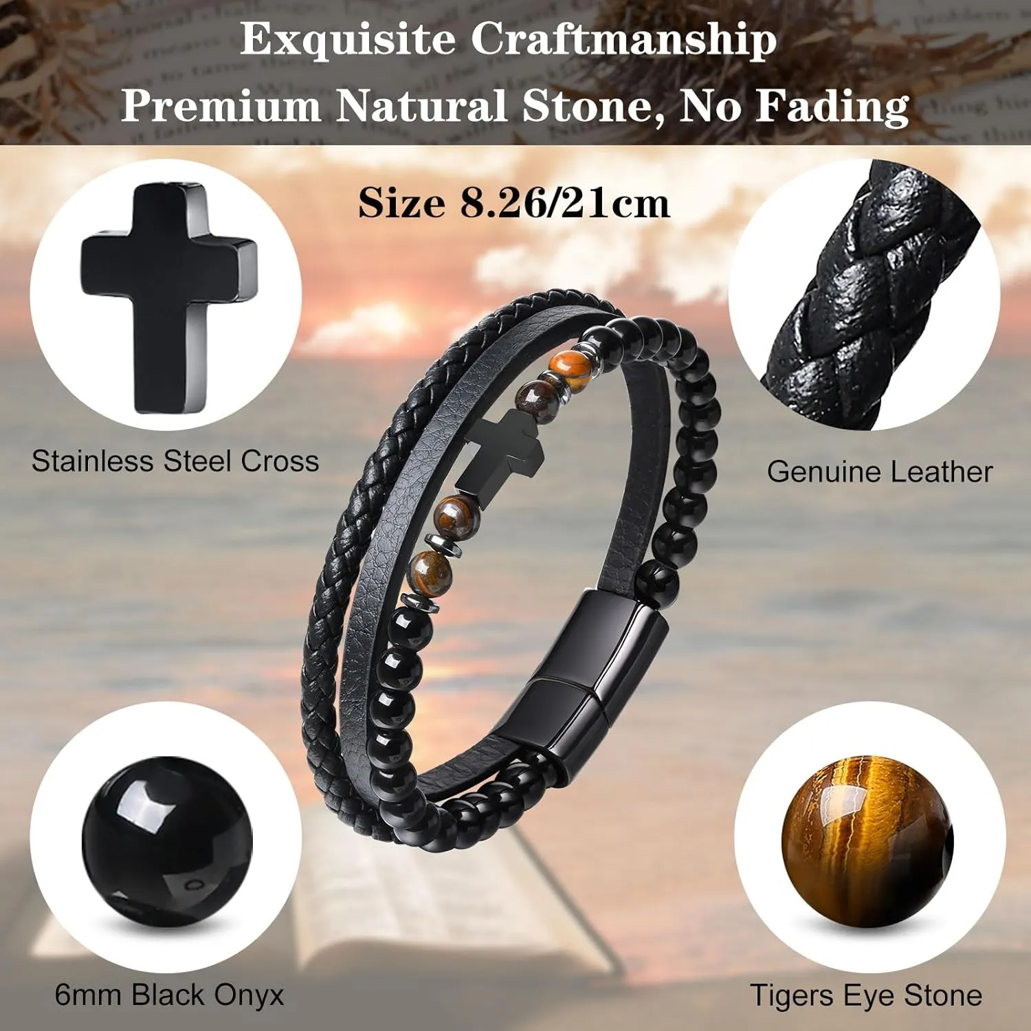 Christmas Jewelry Gift for Men Mens Cross Bead Braided Genuine Leather Bracelet, Black Gemstone Agate otter Onyx Beaded Rosary Obsidian Bangle, Faith Religious Easter Catholic Christian Communion Baptism 