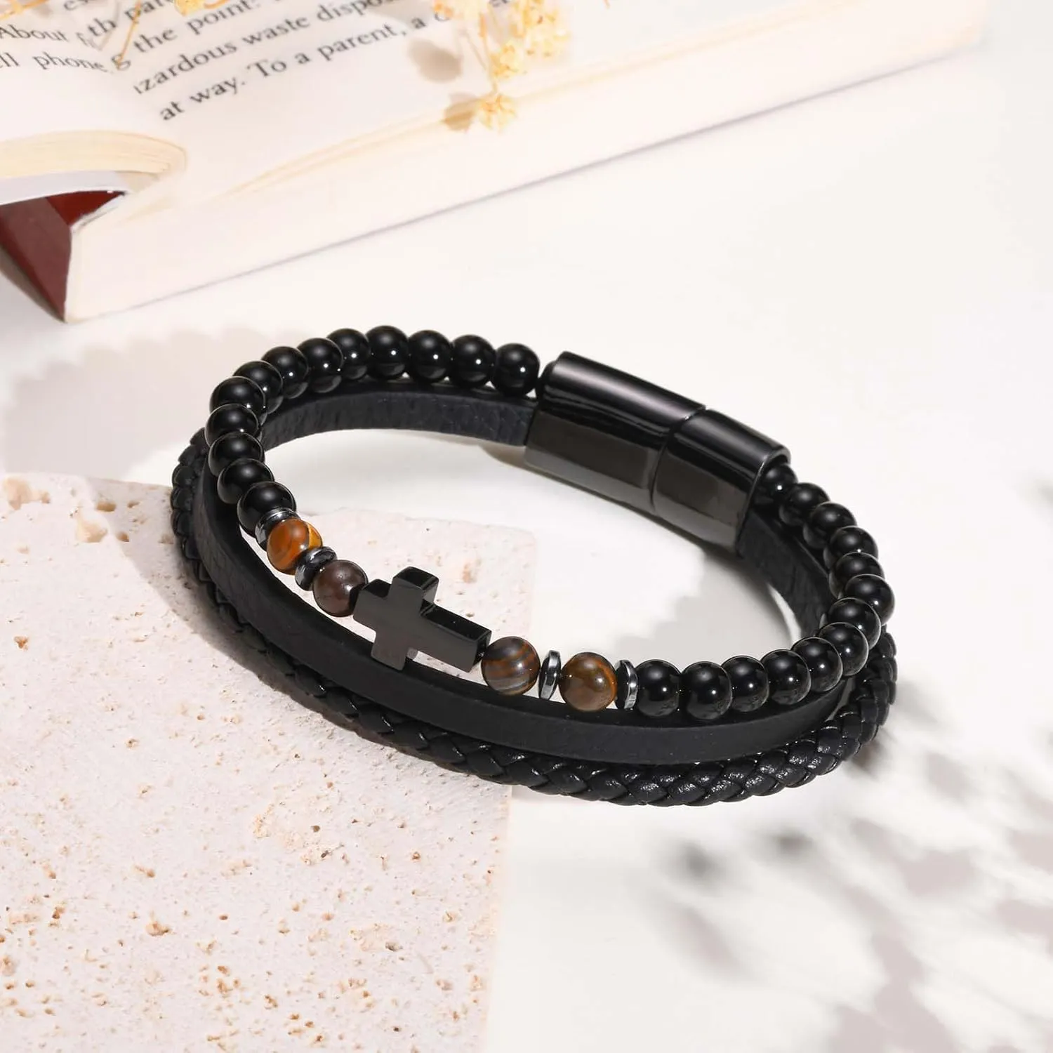Christmas Jewelry Gift for Men Mens Cross Bead Braided Genuine Leather Bracelet, Black Gemstone Agate otter Onyx Beaded Rosary Obsidian Bangle, Faith Religious Easter Catholic Christian Communion Baptism 