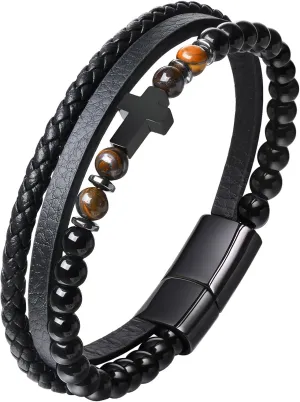 Christmas Jewelry Gift for Men Mens Cross Bead Braided Genuine Leather Bracelet, Black Gemstone Agate otter Onyx Beaded Rosary Obsidian Bangle, Faith Religious Easter Catholic Christian Communion Baptism 
