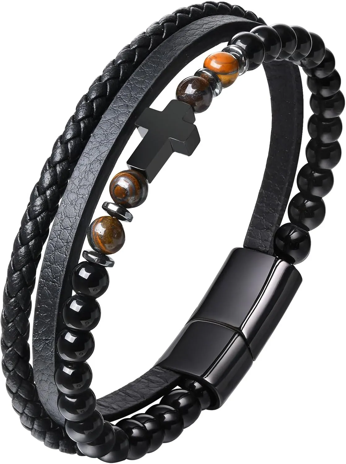 Christmas Jewelry Gift for Men Mens Cross Bead Braided Genuine Leather Bracelet, Black Gemstone Agate otter Onyx Beaded Rosary Obsidian Bangle, Faith Religious Easter Catholic Christian Communion Baptism 