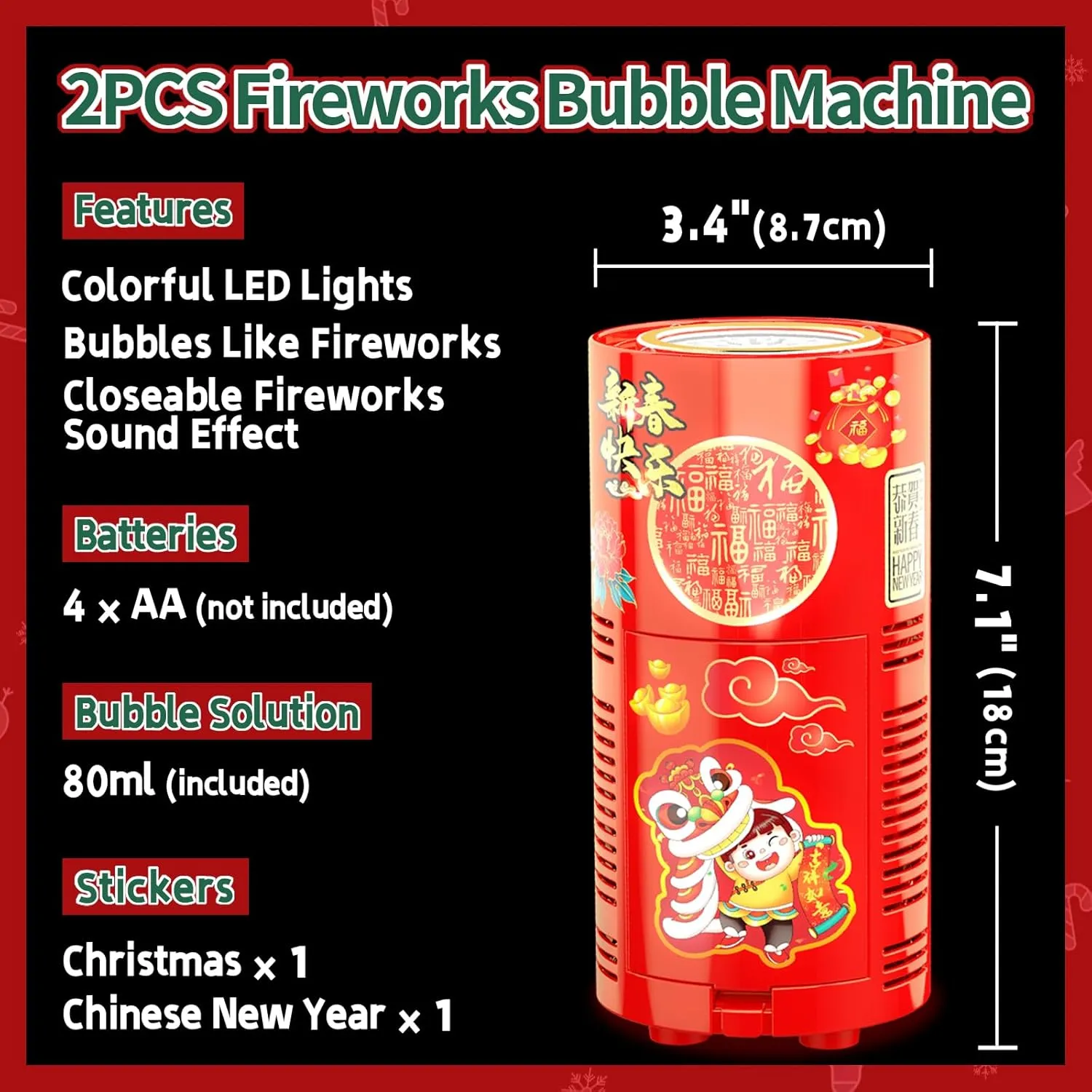 Christmas$ Party$ 4th visible of July Fireworks Bubble Machine (2PCS 13 Holes)$ Automatic Fireworks Bubble Maker with Lights and Closeable Sound for Kids$ Chinese New Year$ 