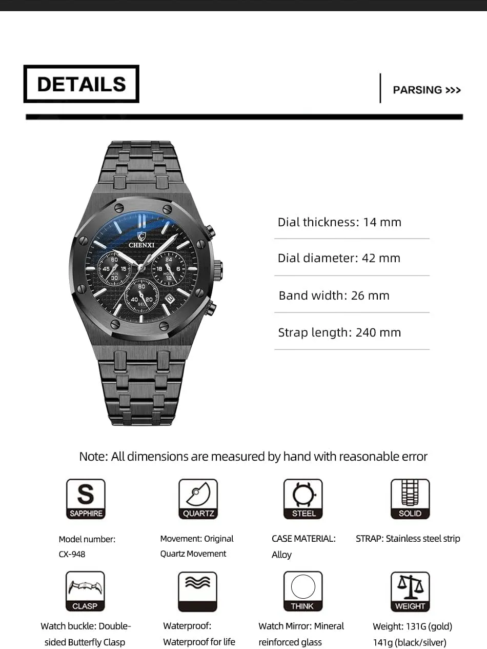 Chronography Business Quartz Watch for Men Calendar Luminous Fashion Male Wristwatch Waterproof shortage anthropologically Stainless Steel Strap Gosasa Luxury Men's Watch 