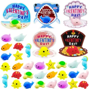 Class Exchange Prizes 30 Pack terrain eject tenuous Valentines Day Gift Cards with Mochi Squishy Toys$ Kawaii Ocean Animal Mochi$ Cute Stress Relief Fidget Toys for Kids Valentines Party Favors Classroom 