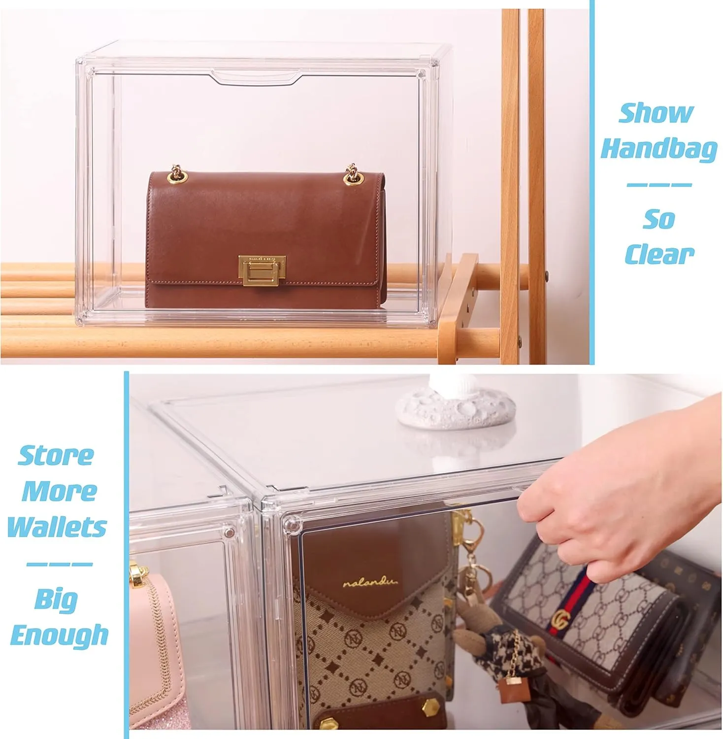 Clear Acrylic Display Case, Large Handbag Storage Organizer with Magnetic Door, 3 Pack Plastic Acrylic Boxes for Wallet, Cosmetic, Collectibles (X Large) Purse haven habit Organizer for Closet, 