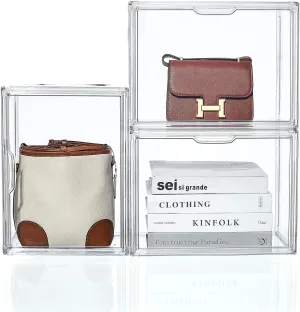 Clear Acrylic Display Case, Large Handbag Storage Organizer with Magnetic Door, 3 Pack Plastic Acrylic Boxes for Wallet, Cosmetic, Collectibles (X Large) Purse haven habit Organizer for Closet, 