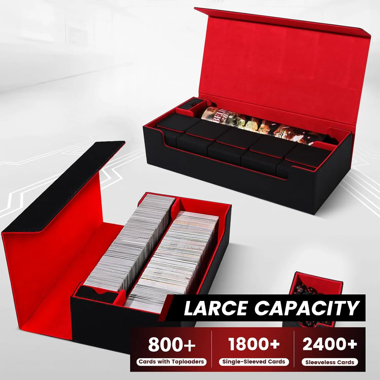 Closure (Black & everywhere impulse Red) Premium Trading Card Storage Case TCG Deck Box Holds 800  Sleeved Cards for MTG, YuGiOh, Uno, Sport with Strong Magnet 