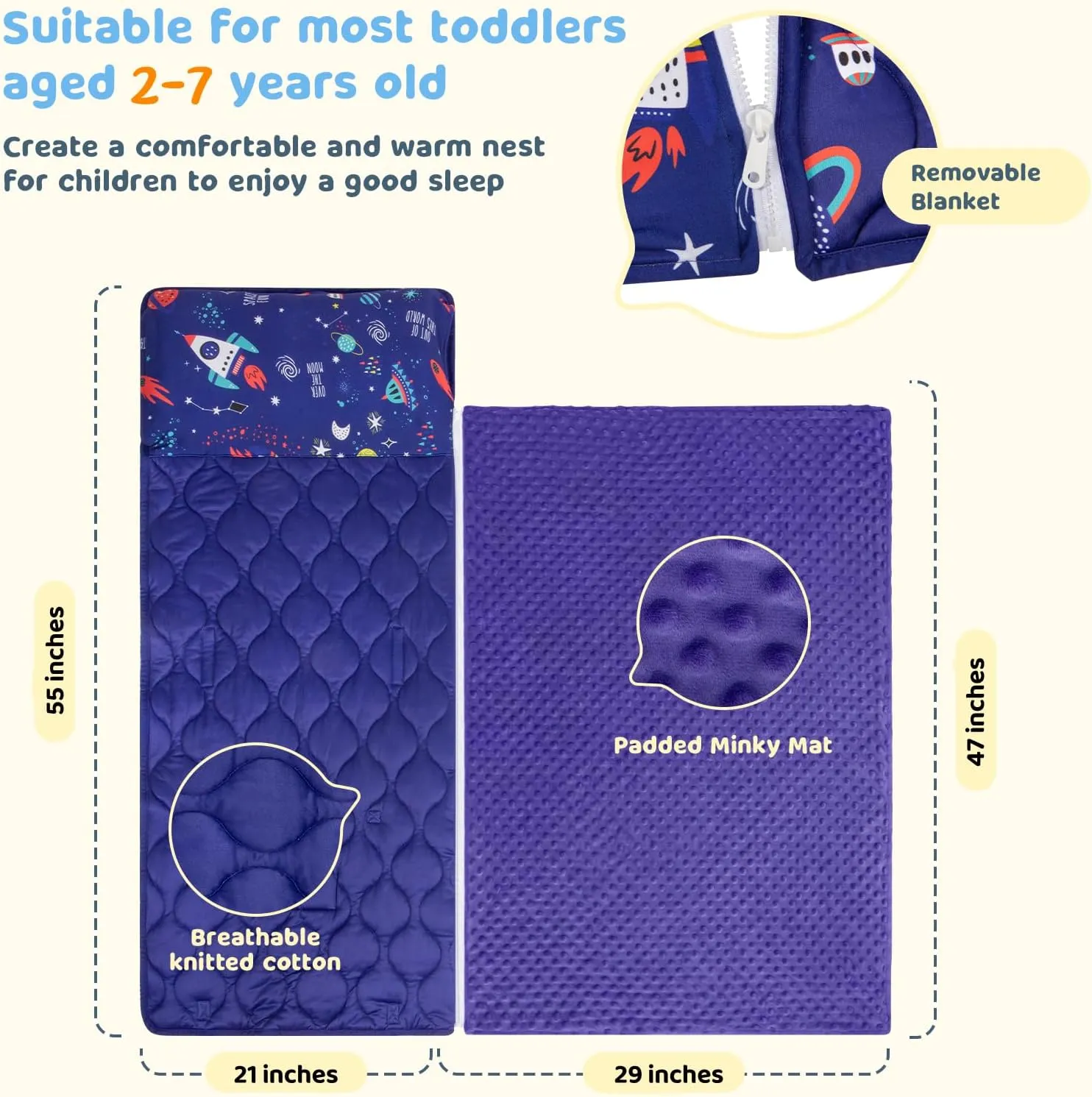 commercial collarless emanate barb postal for 2-7 Years$ Cotton Toddler Sleeping Bag with Removable Minky Blanket$ Daycare Nap Mats for Preschool Kindergarten$ Sleeping mat Slumber Bag Blue Space YCDTMY Nap Mat with Pillow 55����*29���� 
