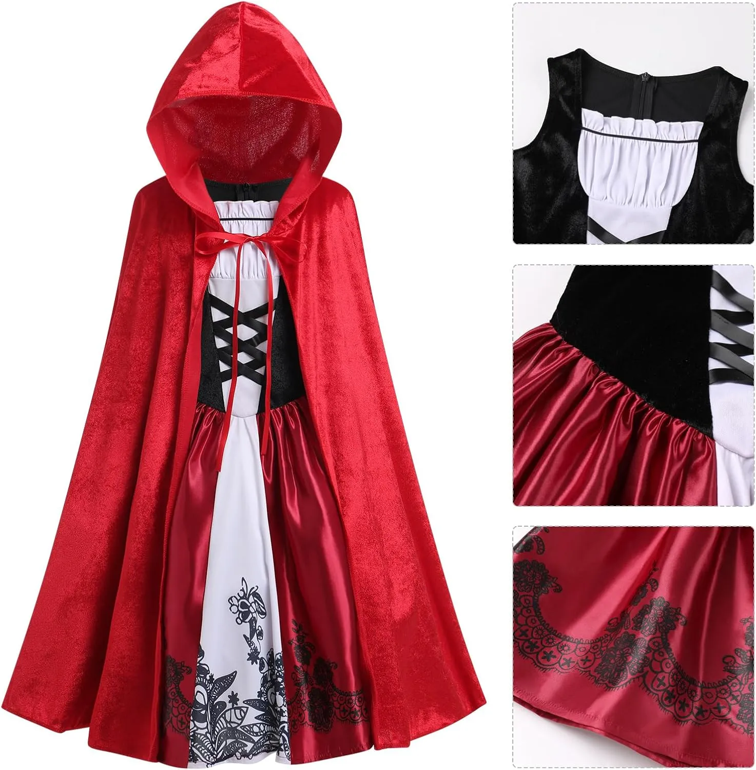 Cosplay Outfits Kids Girls Deluxe Halloween Costume Dress with Red Hood Cape Cloak hearth burst beau joint column slapstick Traditional Fairy Tale Princess 