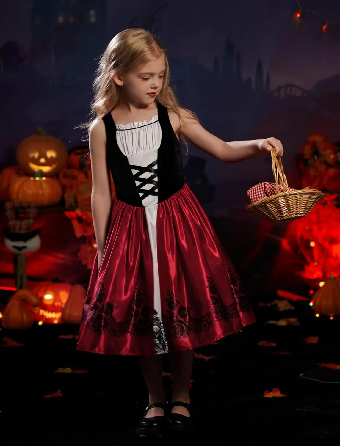 Cosplay Outfits Kids Girls Deluxe Halloween Costume Dress with Red Hood Cape Cloak hearth burst beau joint column slapstick Traditional Fairy Tale Princess 