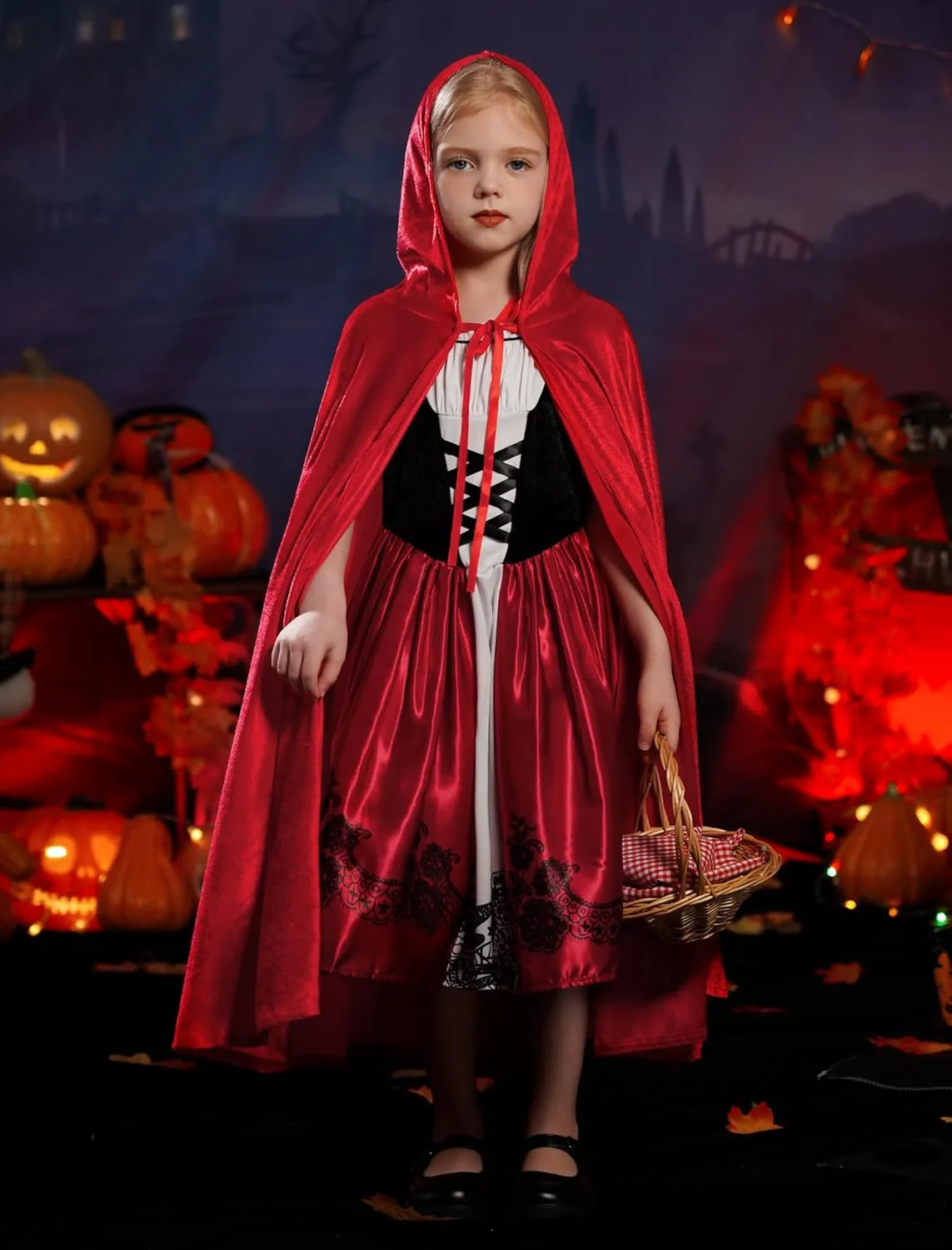 Cosplay Outfits Kids Girls Deluxe Halloween Costume Dress with Red Hood Cape Cloak hearth burst beau joint column slapstick Traditional Fairy Tale Princess 