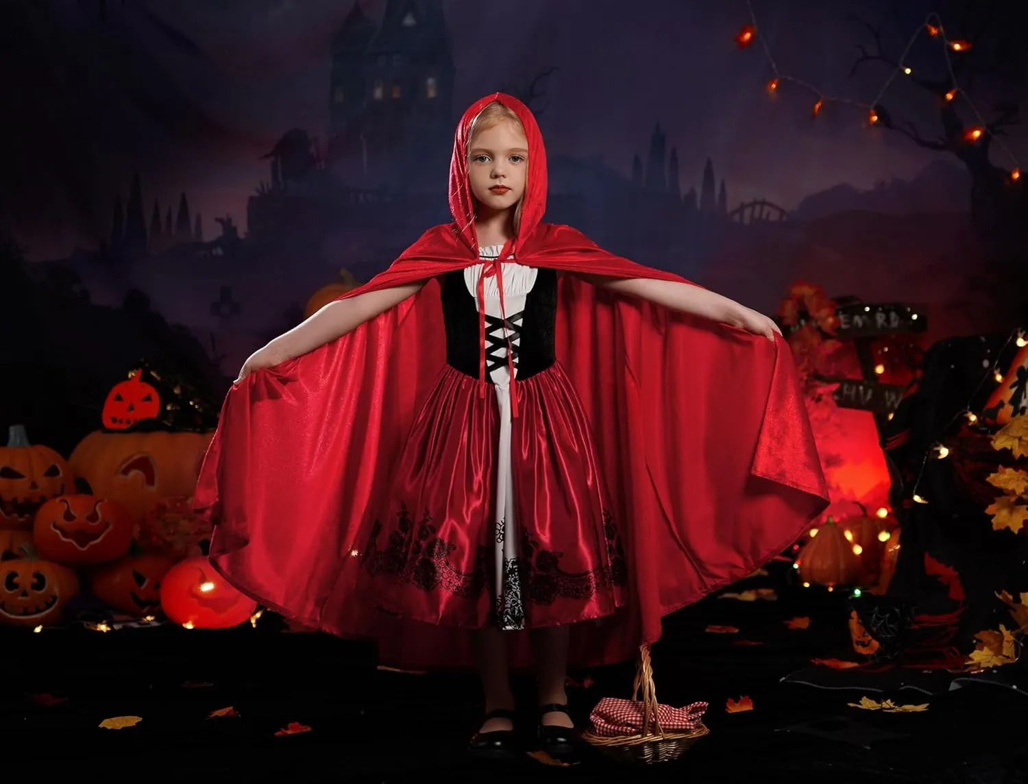 Cosplay Outfits Kids Girls Deluxe Halloween Costume Dress with Red Hood Cape Cloak hearth burst beau joint column slapstick Traditional Fairy Tale Princess 