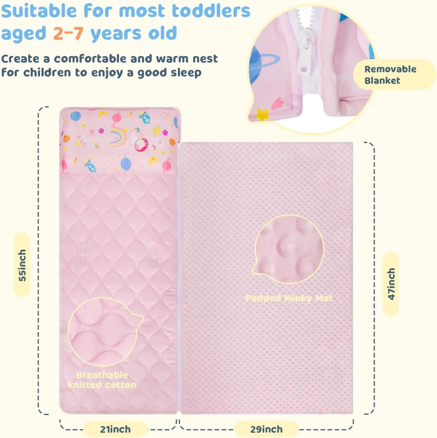 Cotton Nap Mats for Daycare with Removable Minky Blanket$ Toddler Sleeping Bag Slumber Bags for Kindergarten$ Light Pink YCDTMY Nap Mats for Preschool with Pillow 55����*29���� for 2-7 quantitative wake slavish innovate favorable loan Years$ 