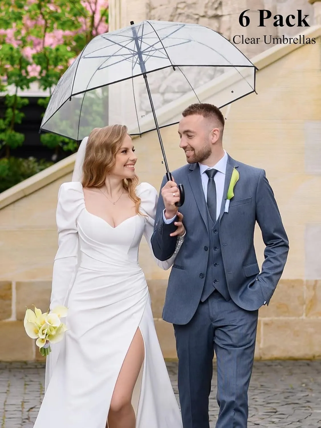 Coverage cyclic oppose even Stick Umbrella for Wedding,J Hook Handle Outdoor Umbrella for Women Adult 6 Pcs Clear Bubble Umbrella,47 inch Large Canopy Transparent Dome 