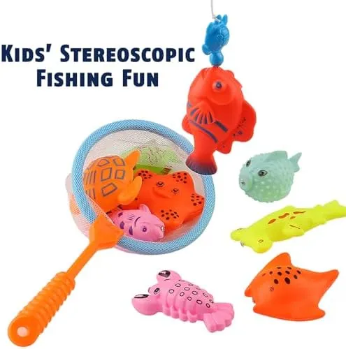 CozyBomB™ Kids Fishing Bath Toys Game | Magnetic Floating Toy Magnet Pole Rod Net, Plastic Floating Fish Toddler Pool Education Teaching and Learning Colors Birthday Age 3 4 5 6 Year