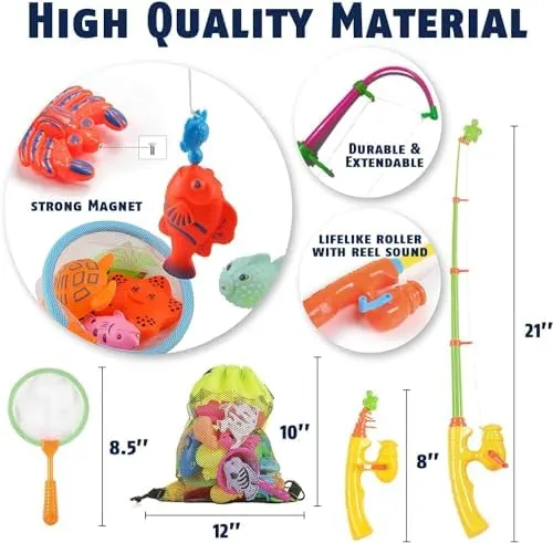 CozyBomB™ Magnetic Fishing Toys Game Set for Kids | Water Table Bathtub Kiddie Pool Party & Pole Rod Net, Plastic Floating Fish Toddler Color Ocean Sea Animals Birthday Age 3 4 5 6 Year