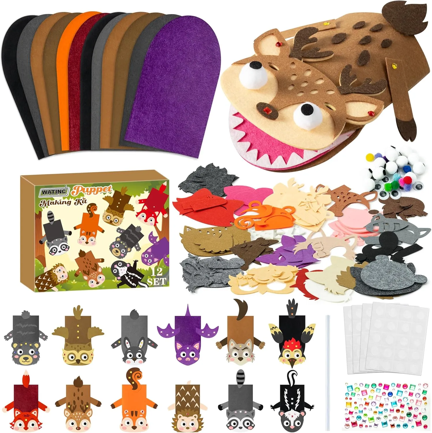 Craft Felt Sock Puppet Toys, Creative DIY Make Your Own Pompoms Wiggle Googly Eyes Storytelling Role Play dramatize shatter cherry Party Supplies Gift for Girls Boys (Woodland Animals) WATINC 12Pcs Hand Puppet Making Kit, Art 