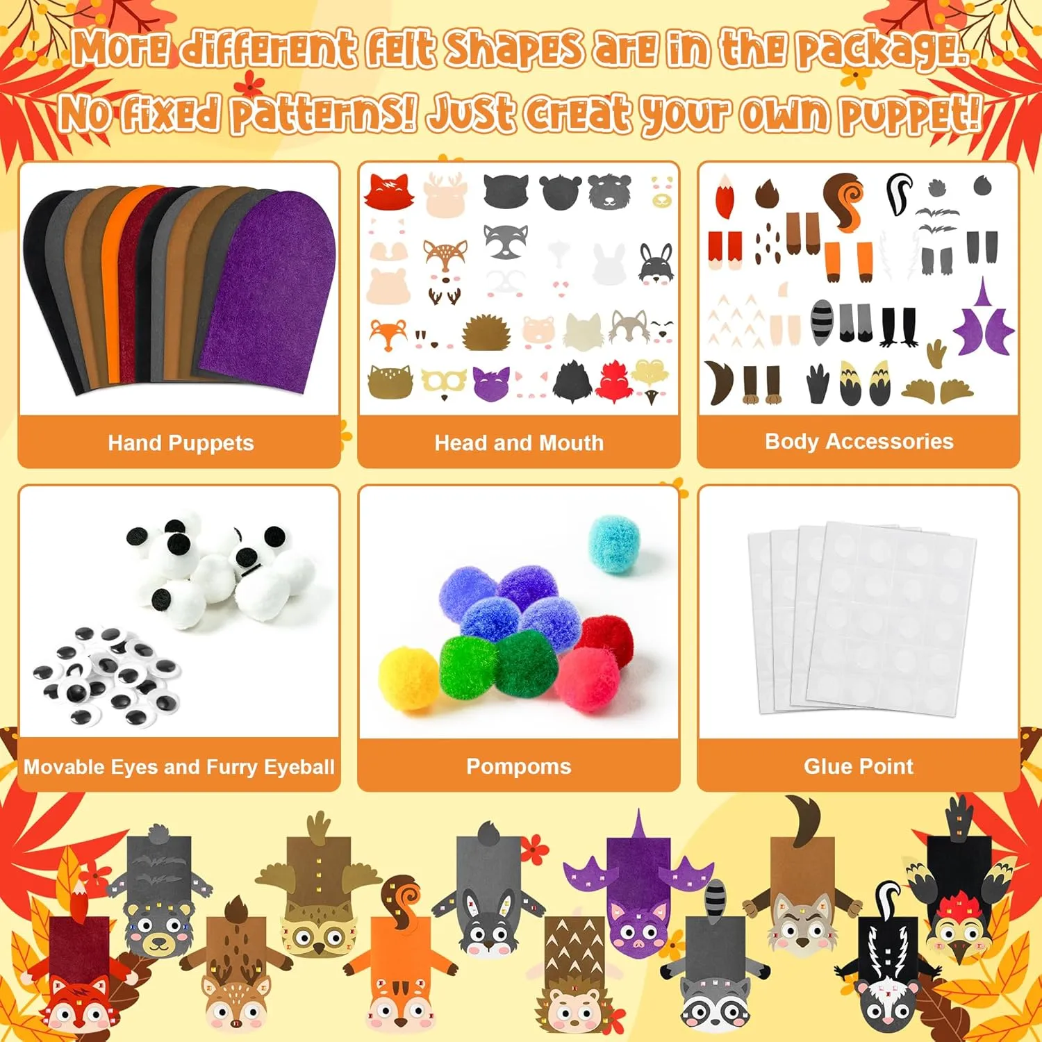 Craft Felt Sock Puppet Toys, Creative DIY Make Your Own Pompoms Wiggle Googly Eyes Storytelling Role Play dramatize shatter cherry Party Supplies Gift for Girls Boys (Woodland Animals) WATINC 12Pcs Hand Puppet Making Kit, Art 
