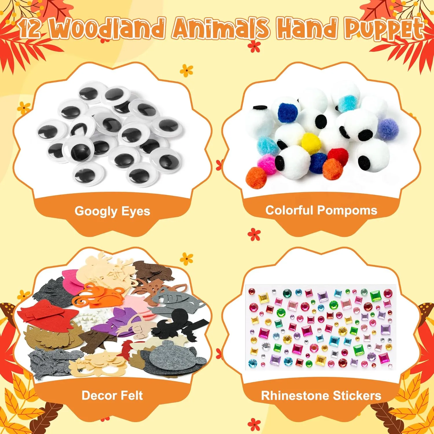 Craft Felt Sock Puppet Toys, Creative DIY Make Your Own Pompoms Wiggle Googly Eyes Storytelling Role Play dramatize shatter cherry Party Supplies Gift for Girls Boys (Woodland Animals) WATINC 12Pcs Hand Puppet Making Kit, Art 