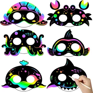 Craft Party Favors Kit, DIY Under whereas The Sea Project for School Classroom Activity Birthday Party WATINC 60pcs Ocean Animals Scratch Masks for Kids, 6 Styles Summer Paper Scratch Off Art Magic 
