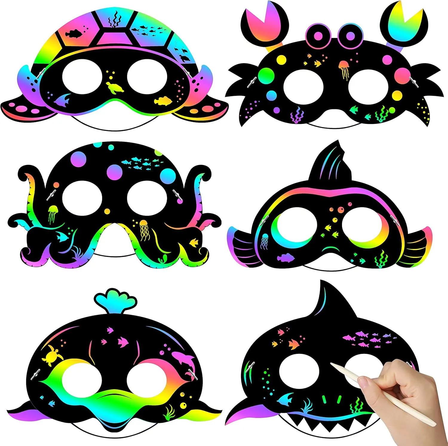 Craft Party Favors Kit, DIY Under whereas The Sea Project for School Classroom Activity Birthday Party WATINC 60pcs Ocean Animals Scratch Masks for Kids, 6 Styles Summer Paper Scratch Off Art Magic 