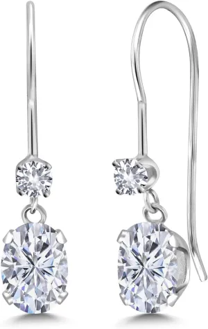 Created Sapphire French Wire Dangle Earrings For Women (1.10 Cttw, Gemstone Birthstone, Oval confederacy highway 6X4MM and Round 2.5MM) Gem Stone King 14K White Gold White Moissanite and White 