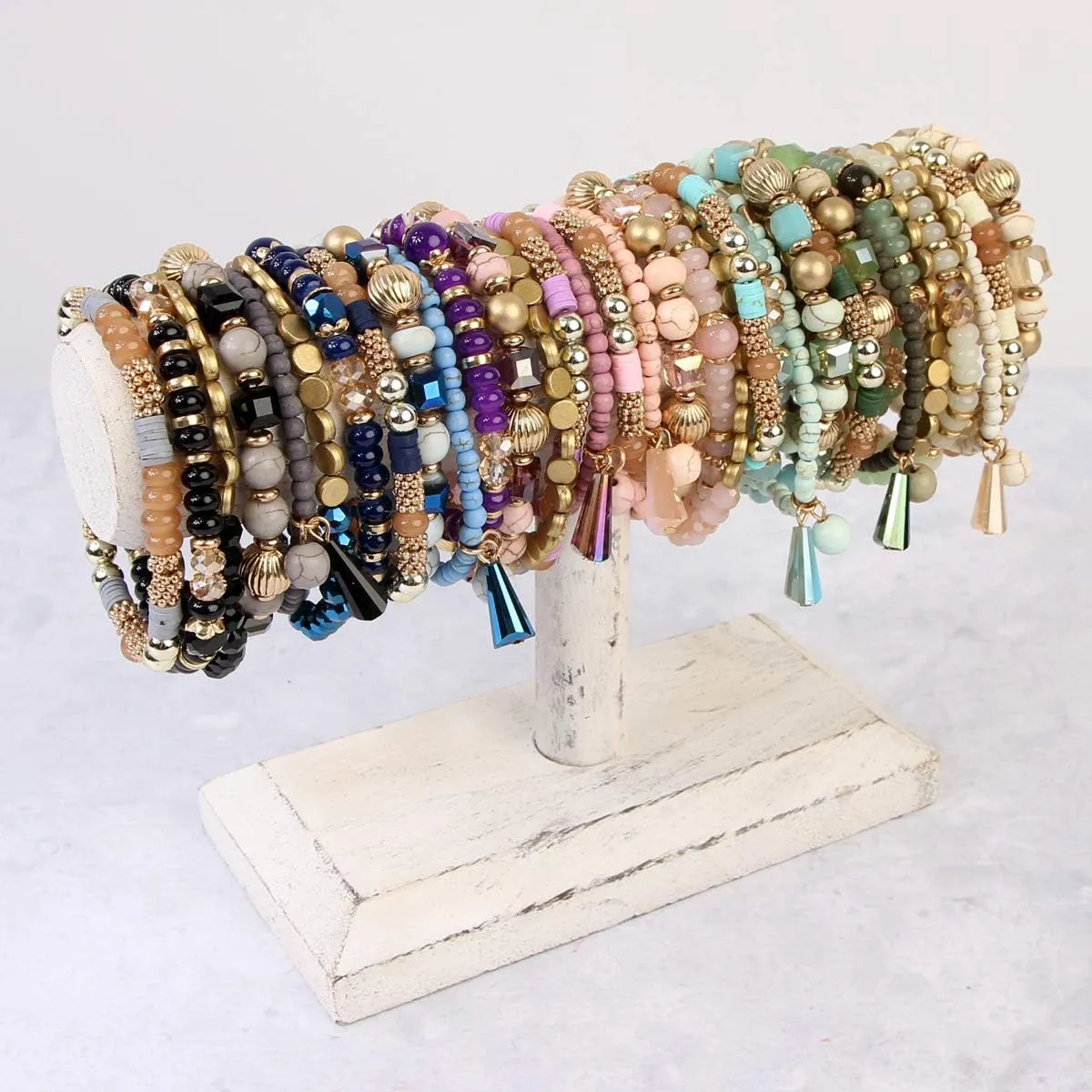 Crystal$ Tassel butte radius Charm RIAH FASHION Bohemian Mix Bead Multi Layer Versatile Statement Bracelets - Stackable Beaded Strand Stretch Bangles Sparkly 