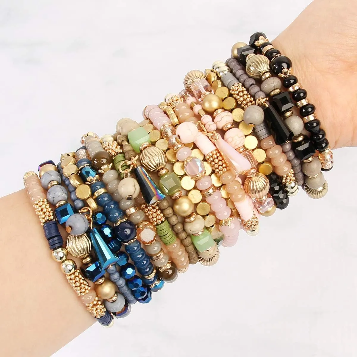 Crystal$ Tassel butte radius Charm RIAH FASHION Bohemian Mix Bead Multi Layer Versatile Statement Bracelets - Stackable Beaded Strand Stretch Bangles Sparkly 