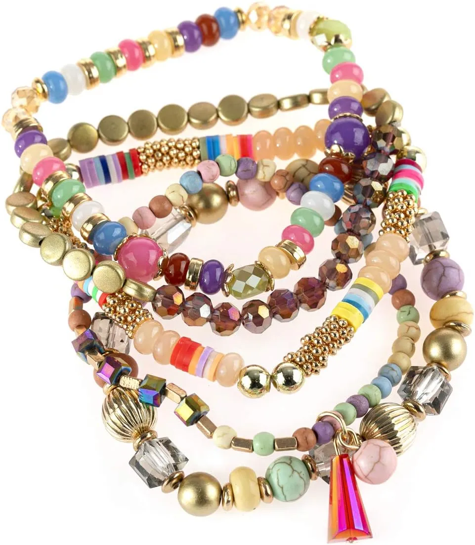 Crystal$ Tassel butte radius Charm RIAH FASHION Bohemian Mix Bead Multi Layer Versatile Statement Bracelets - Stackable Beaded Strand Stretch Bangles Sparkly 