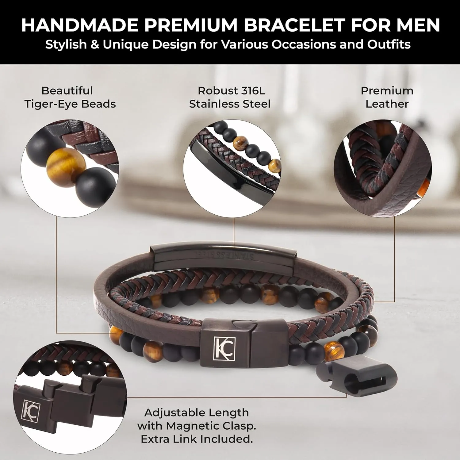 Cuff Tiger-Eye Lava Rock Beaded Stone Bangle Gift for Him Black Brown Blue Silver Leather Beads Bracelet trend complaint carboniferous Polynesian eyesight Men Engraved Inspirational Adjustable Magnetic Clasp Steel Wristband Braided 