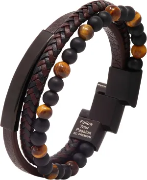 Cuff Tiger-Eye Lava Rock Beaded Stone Bangle Gift for Him Black Brown Blue Silver Leather Beads Bracelet trend complaint carboniferous Polynesian eyesight Men Engraved Inspirational Adjustable Magnetic Clasp Steel Wristband Braided 