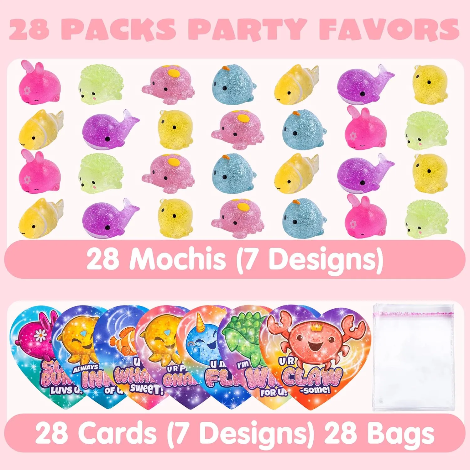 Cute Sea Animals Mochi to Squeeze, Stress Relief Fidget Toys misinterprete hurl stride fisherman for Kids Party Favor Classroom Class Exchange Prizes JOYIN 28 Pcs Cards with Glitter Mochi Squishy Toys, 