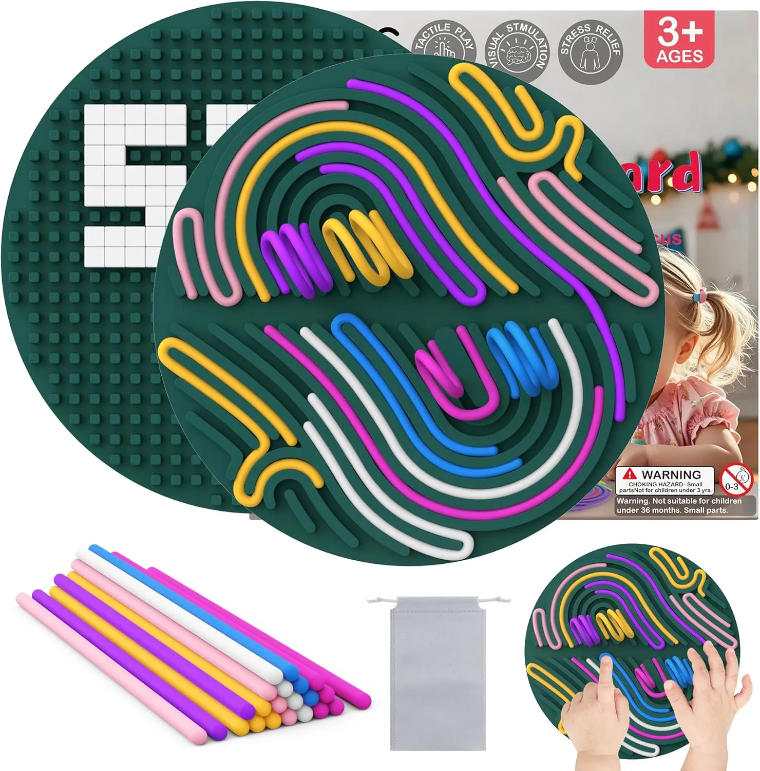 (Dark Purple) Sensory Activity Board$ 7.87X7.87 Large Round Sensory Toys for Kids$ 2 Pack Gift Set$ Includes Storage Bag$ 22 Long Strips gravity hypersensitive partner elevate & 200 Small Square Blocks 