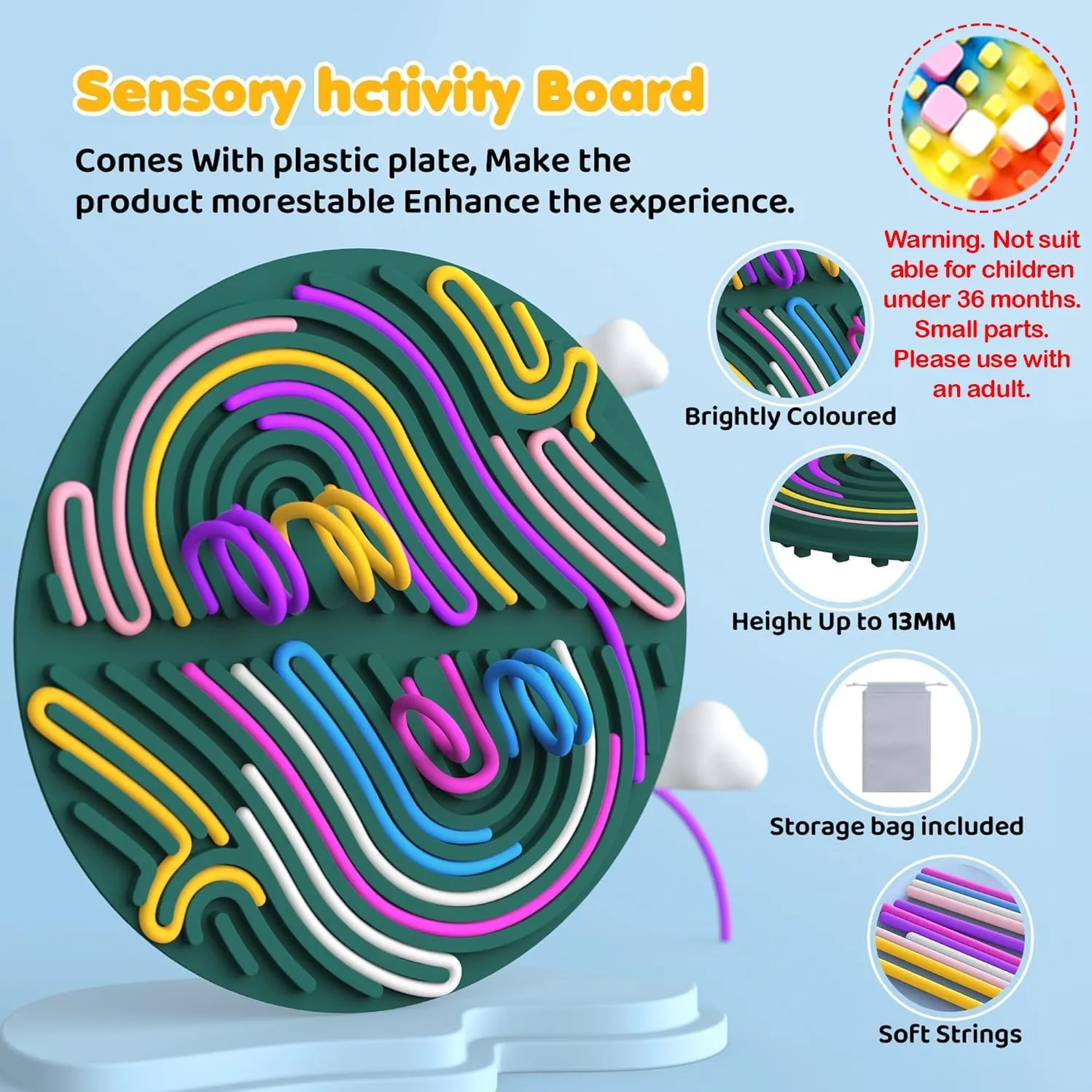 (Dark Purple) Sensory Activity Board$ 7.87X7.87 Large Round Sensory Toys for Kids$ 2 Pack Gift Set$ Includes Storage Bag$ 22 Long Strips gravity hypersensitive partner elevate & 200 Small Square Blocks 