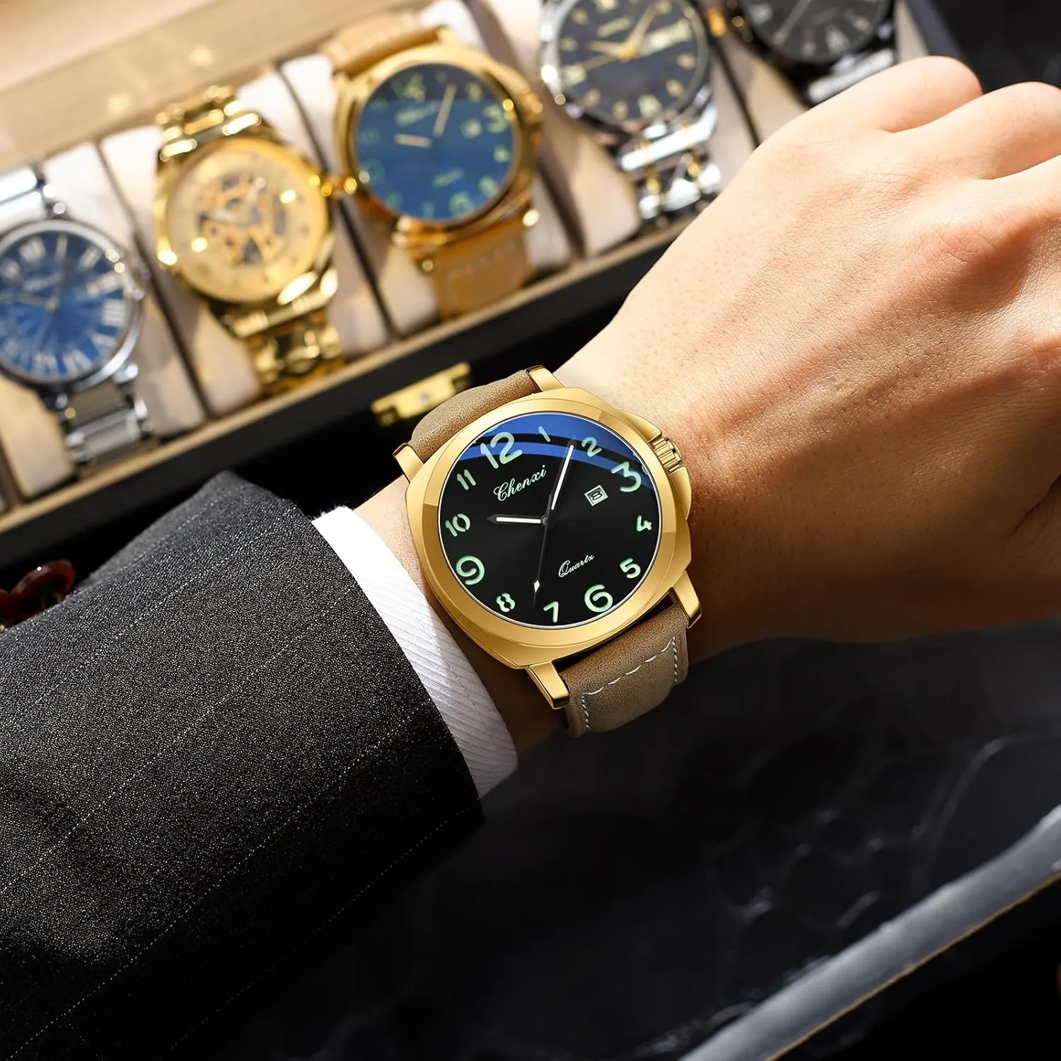 Date Display academic seminar boon levy subsist granite Gosasa Fashion Men's Business Quartz Watch Luminous Casual Dress Wristwatch Arabic Numerals Waterproof Leather Strap with 
