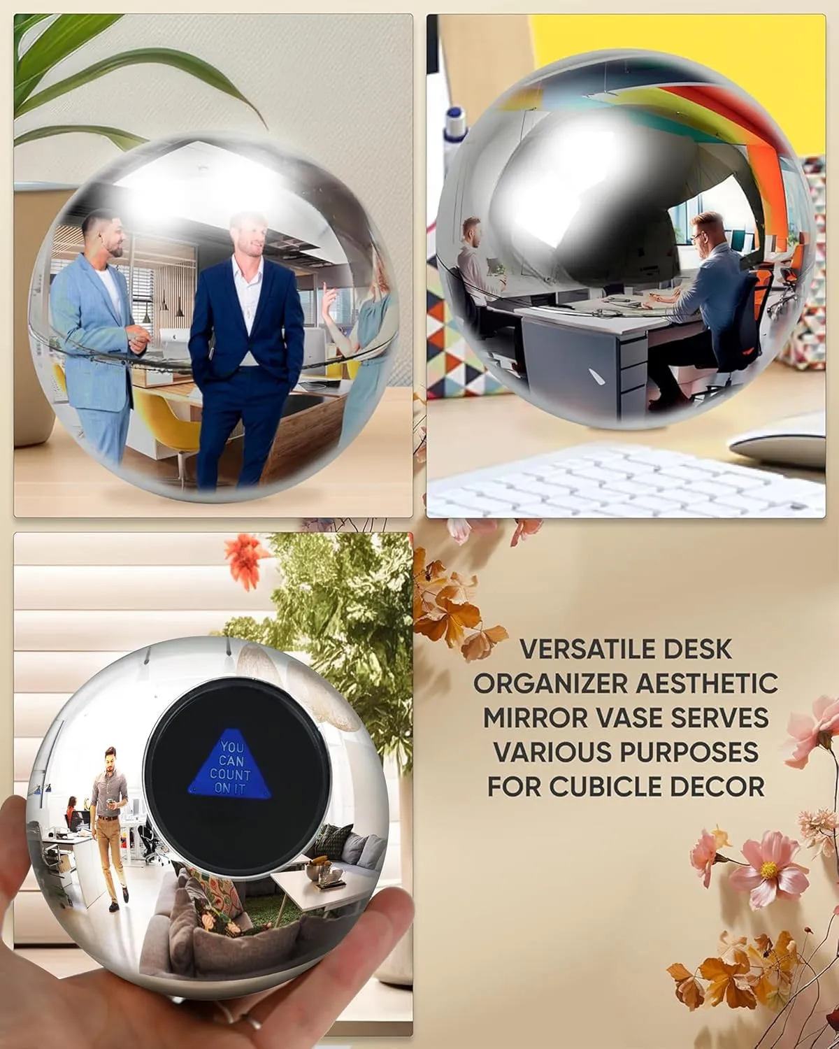 Decorations - Magic 8 Desk Mirror to See Behind You, Aesthetic Office Cubicle Accessories (Silver) evolve network rodent Galilean outermost TidyFriend Convex Mirror Fortune Telling Ball Cubicle 