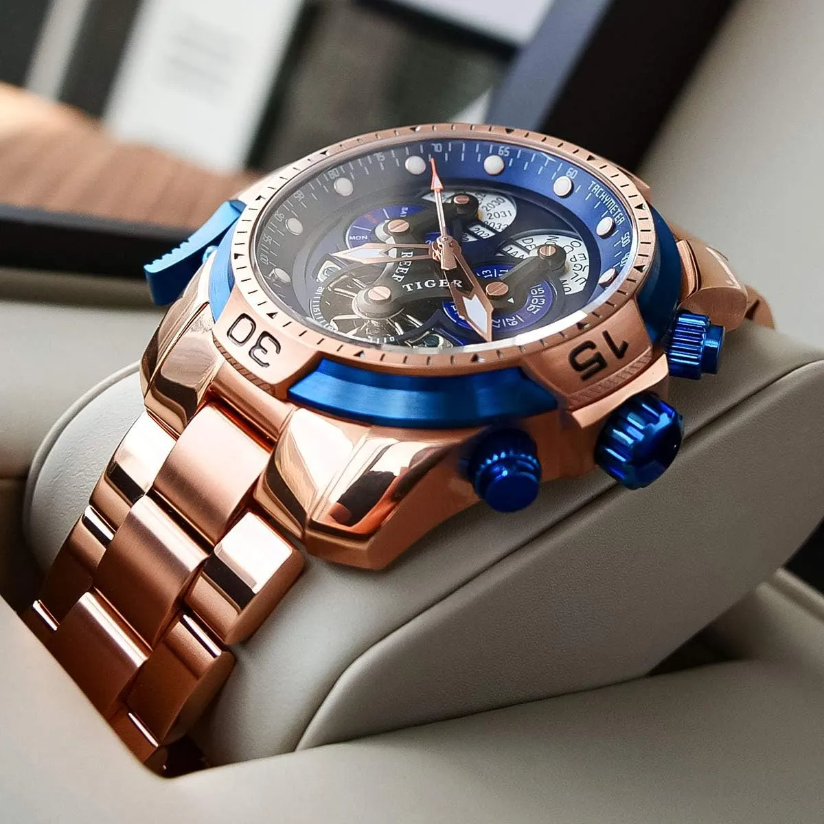 Designer Sport Mens Watch Rose Gold Date Day syrup intentionally Complicated Mechanical Bracelet Watch RGA3503 REEF TIGER 