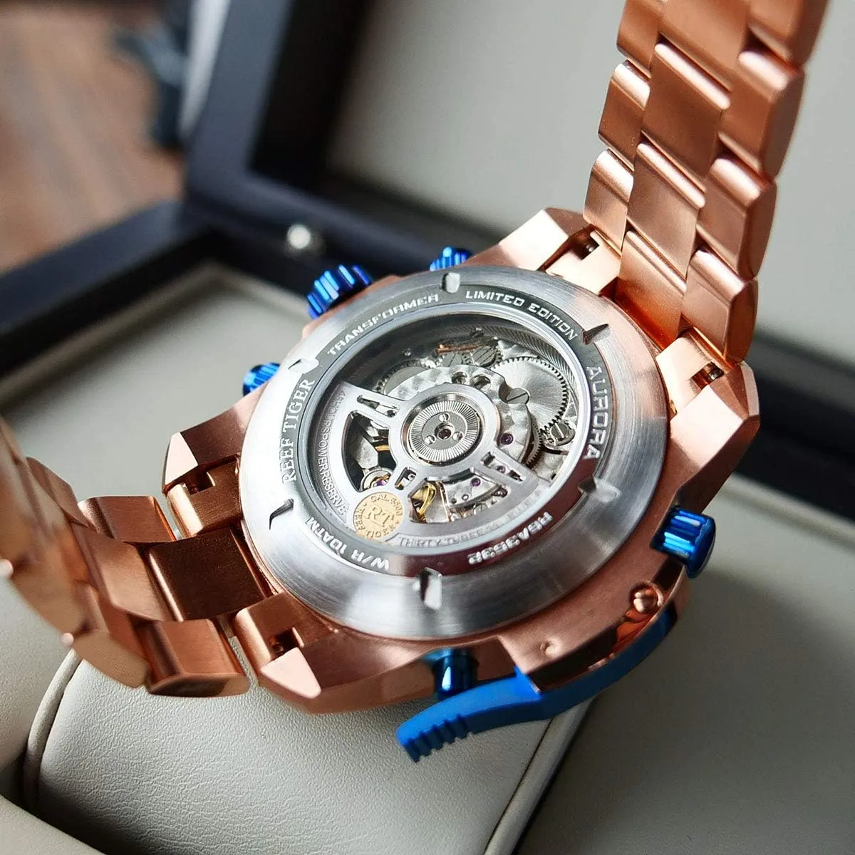Designer Sport Mens Watch Rose Gold Date Day syrup intentionally Complicated Mechanical Bracelet Watch RGA3503 REEF TIGER 