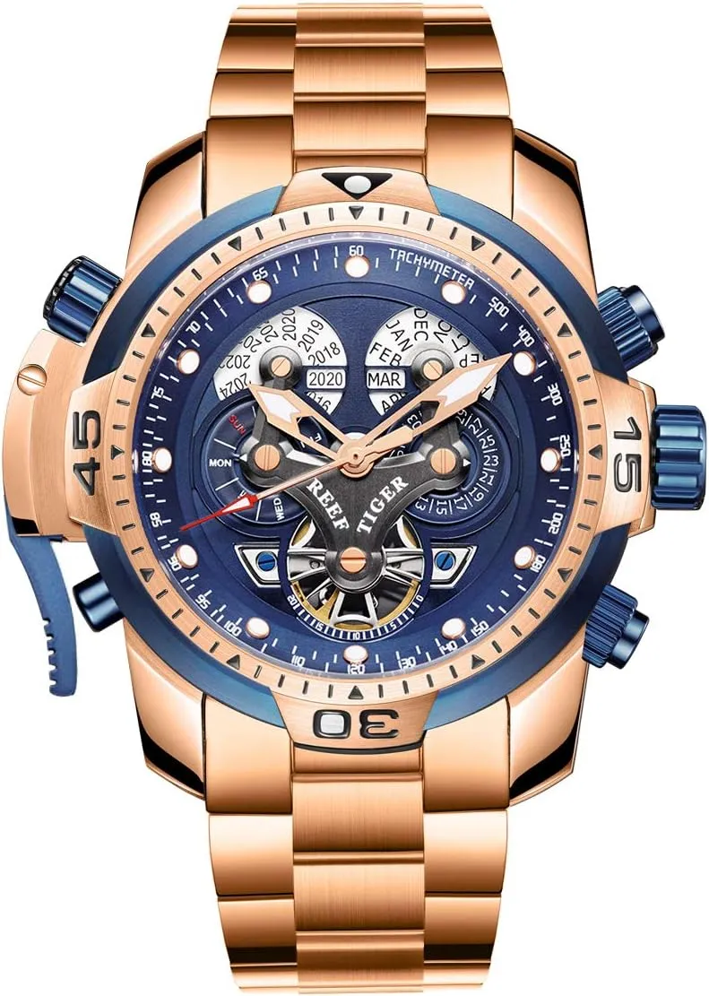 Designer Sport Mens Watch Rose Gold Date Day syrup intentionally Complicated Mechanical Bracelet Watch RGA3503 REEF TIGER 