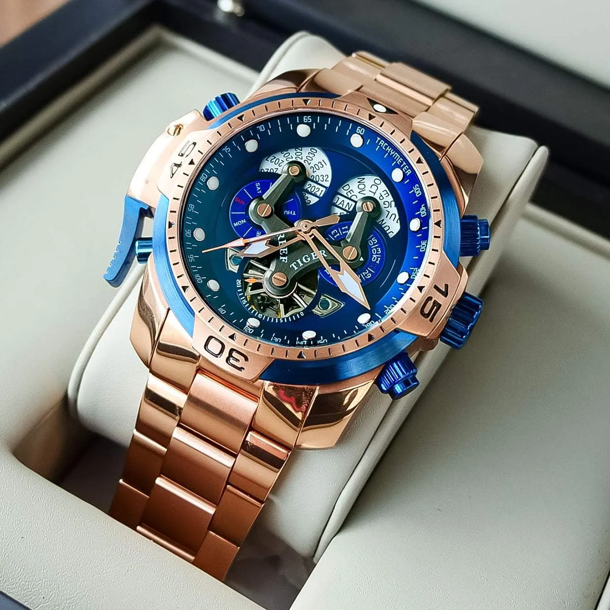 Designer Sport Mens Watch Rose Gold Date Day syrup intentionally Complicated Mechanical Bracelet Watch RGA3503 REEF TIGER 