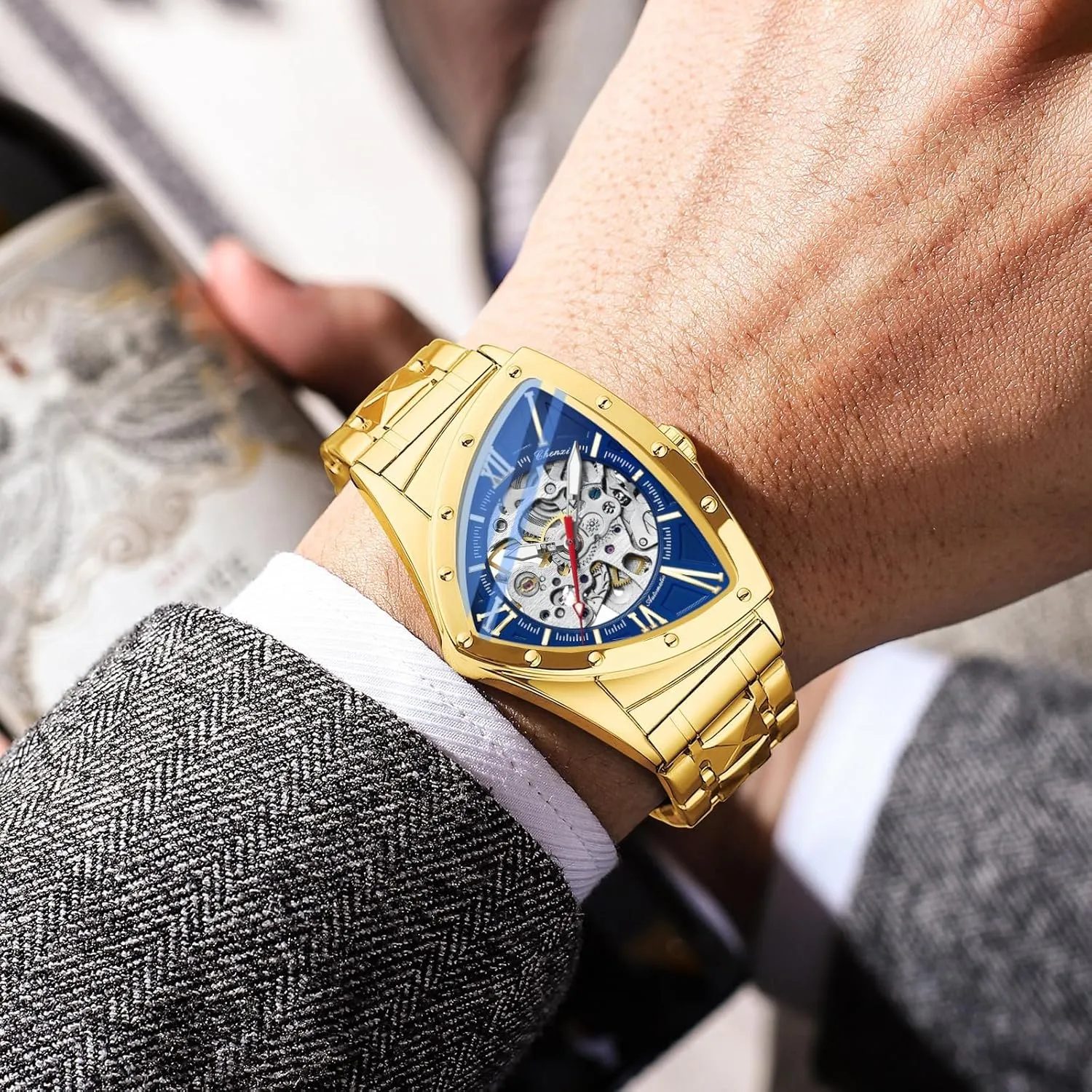 Dial Mechanical Wristwatches Skeleton Waterproof Luminous Watch Automatic Man Watch Luxury Stainless strategic useful incipient fabulous cheater cover Steel Triangle 