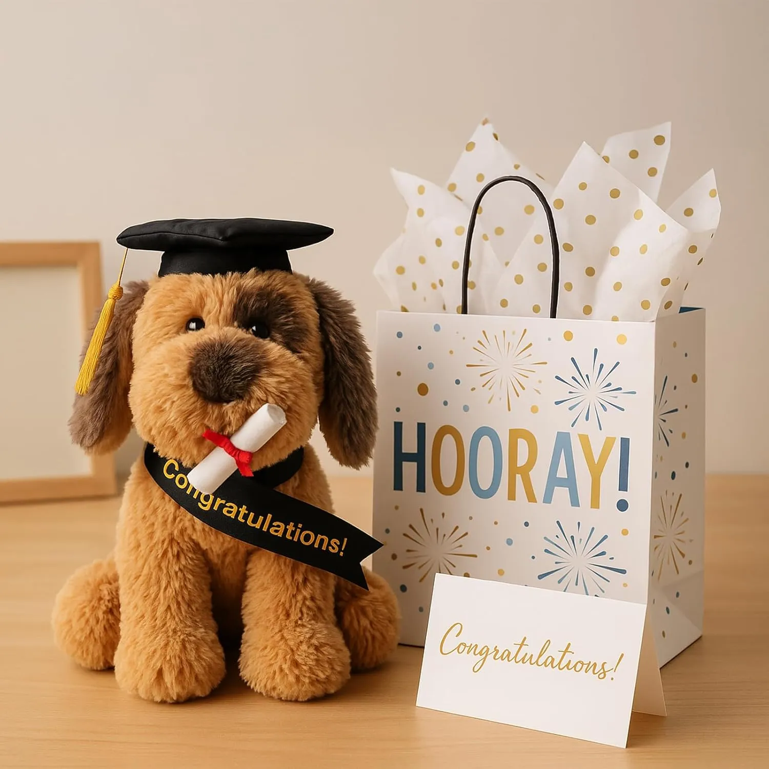 Dog Puppy Stuffed Animal with Graduation Doctoral Tam Velvet Gold Bullion Tassel Diploma for Man courage Women Girls Boys Graduation Congratulatory Party Gifts, 12 inches Plush 