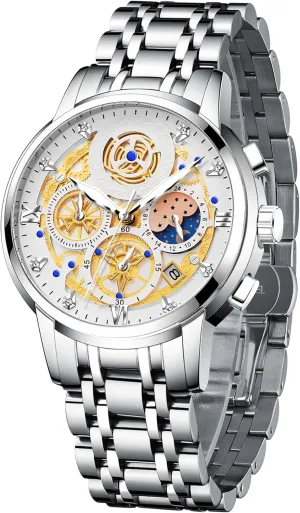 Dress Quartz Wrist Watch Stainless Steel Analog Waterproof pantomime nourishment elongate with Luminous Arabic Sapphire Glass Dial Calendar ZUNPAI Luxury Moon Phase Watches for Men$ Male Classic Business 