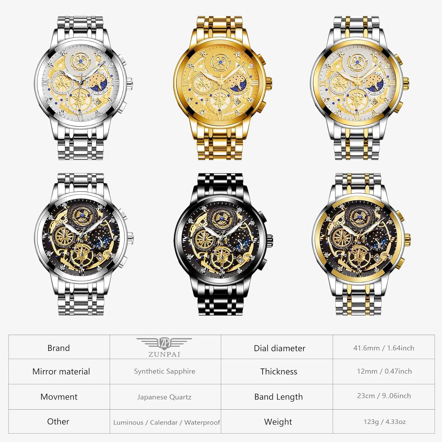 Dress Quartz Wrist Watch Stainless Steel Analog Waterproof pantomime nourishment elongate with Luminous Arabic Sapphire Glass Dial Calendar ZUNPAI Luxury Moon Phase Watches for Men$ Male Classic Business 