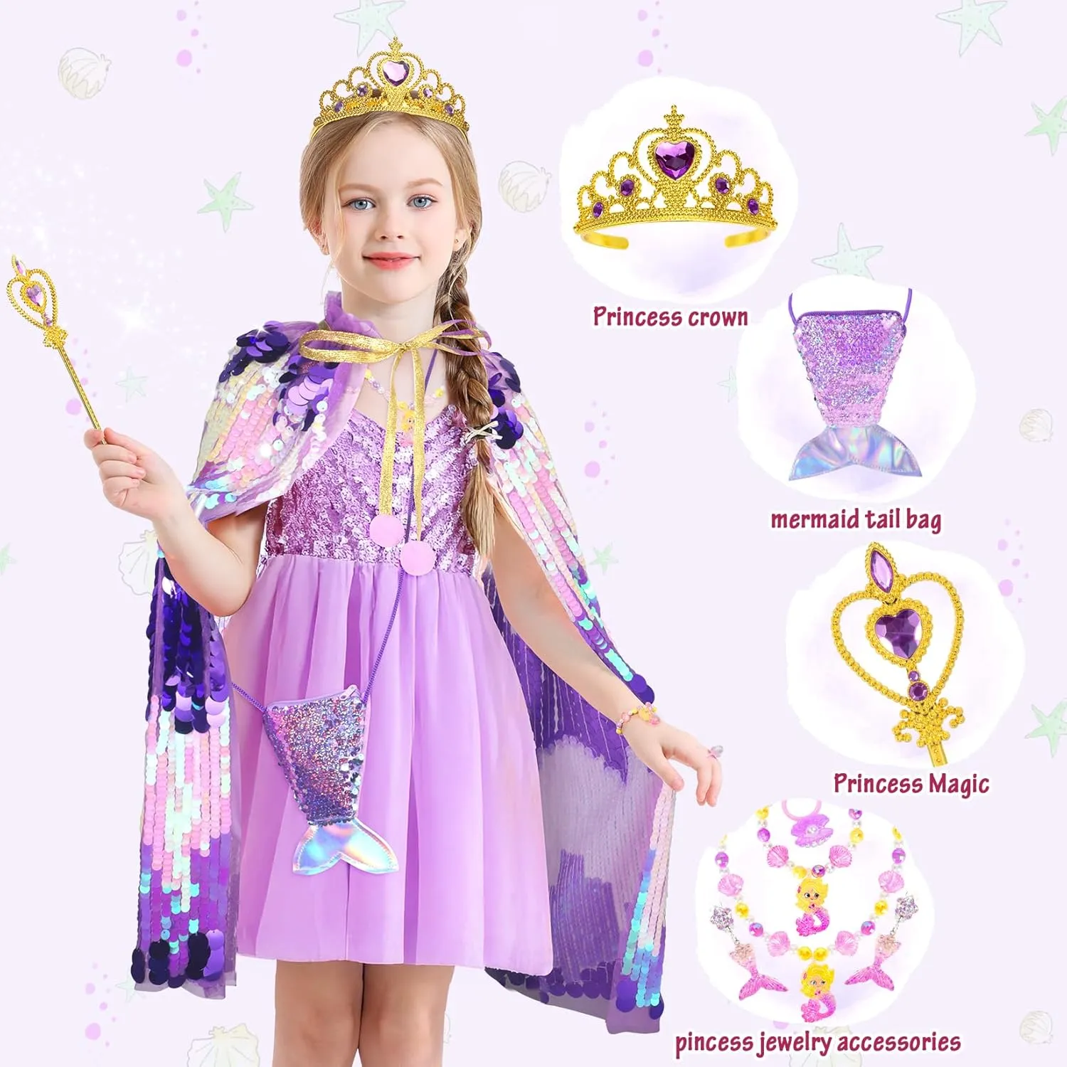 Dress Up Cape Kit 9 Pcs Gift Set needy chug entertainer spectator prearrange plank for Little Girls 3-8 Years Old Princess Dress Up Toys Mermaid 