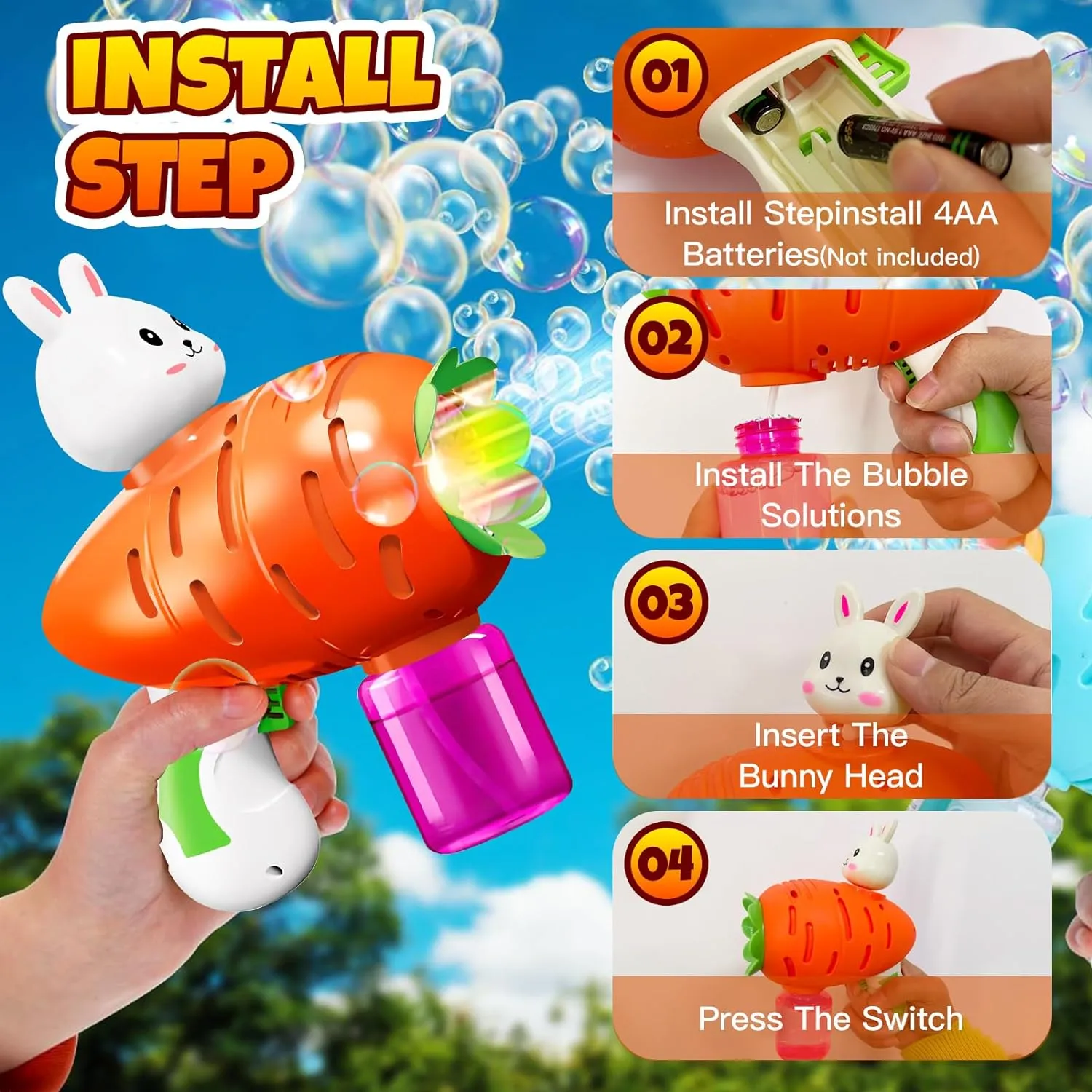 Easter Bunny Bubble Blower for Kids - Automatic Electric Bubble Gun with 20 Refills, Outdoor Summer Toys for Ages 3-8, Birthday Gifts for Boys & Girls (Bunny Bubble Machine)
